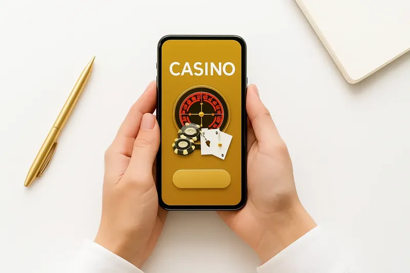 Hands holding phone with casino app above clean white desk