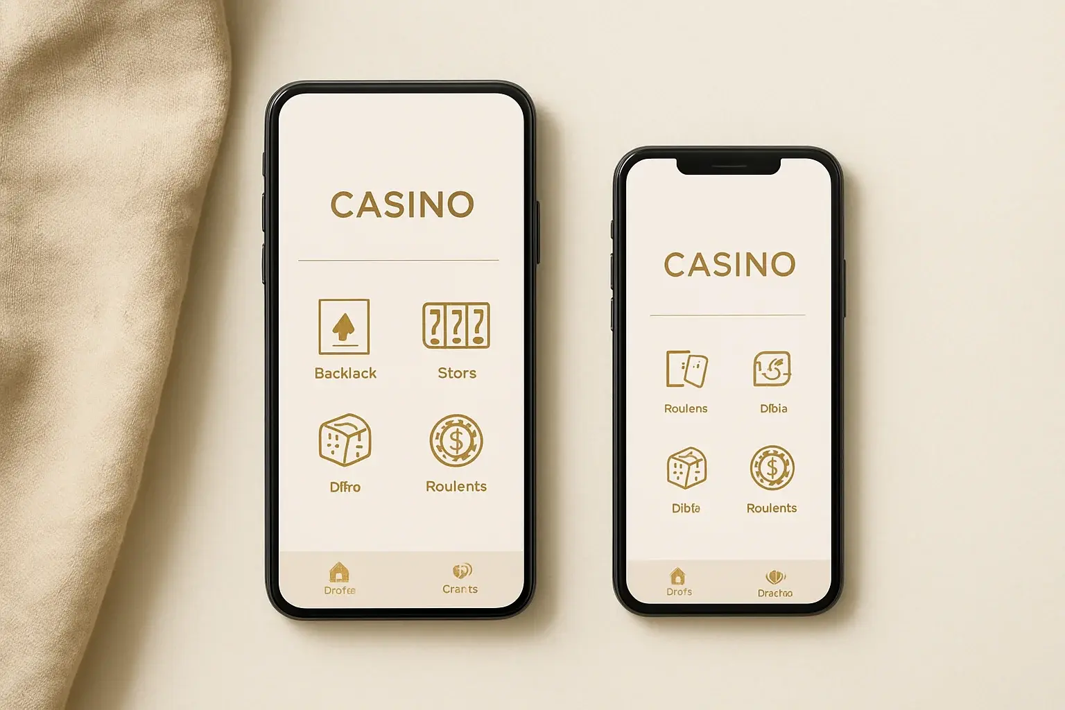 Casino App Phones Two smartphones displaying a clean light casino app on white surface