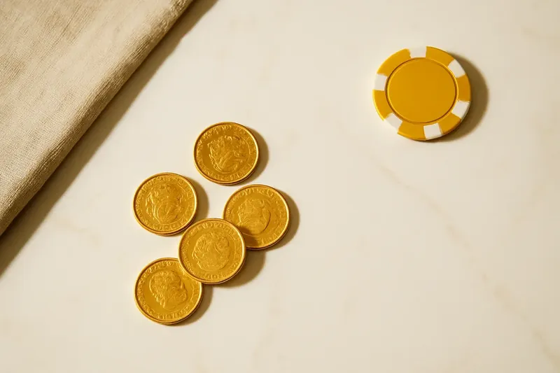 Five gold coins on cream marble with poker chip edge