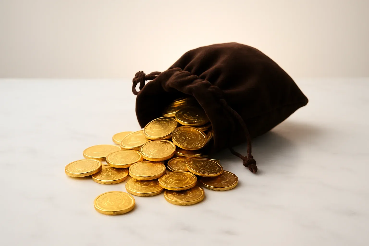 Golden Coin Cascade Golden coins spilling from velvet pouch on white marble surface