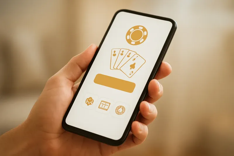 Hand holding smartphone with clean light-themed casino interface in warm lighting