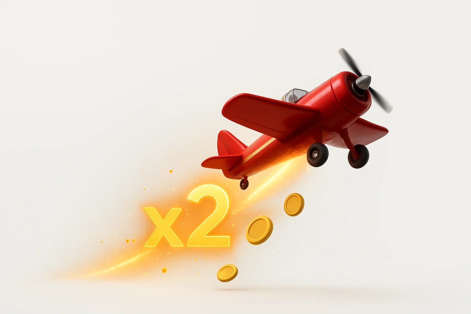 Aviator Crash Scene Red airplane climbing with glowing multiplier trail, coins, sparks, neon background