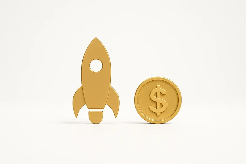 Minimalist rocket icon with gold coin on white background