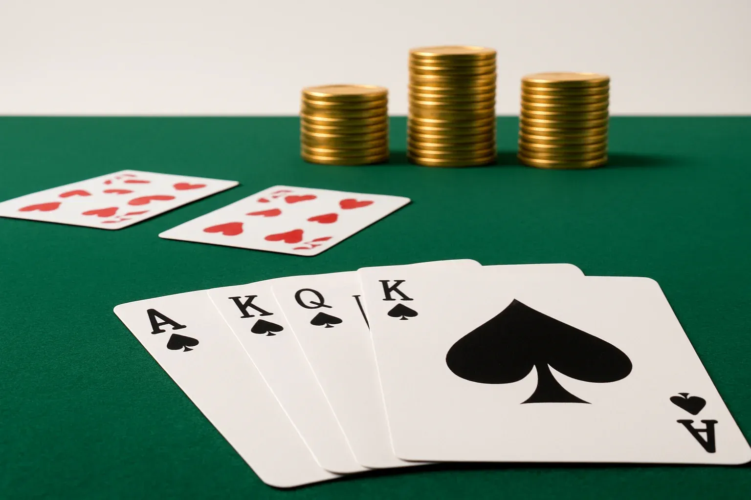 Editorial Casino Table Green felt casino table with arranged cards and stacked gold chips