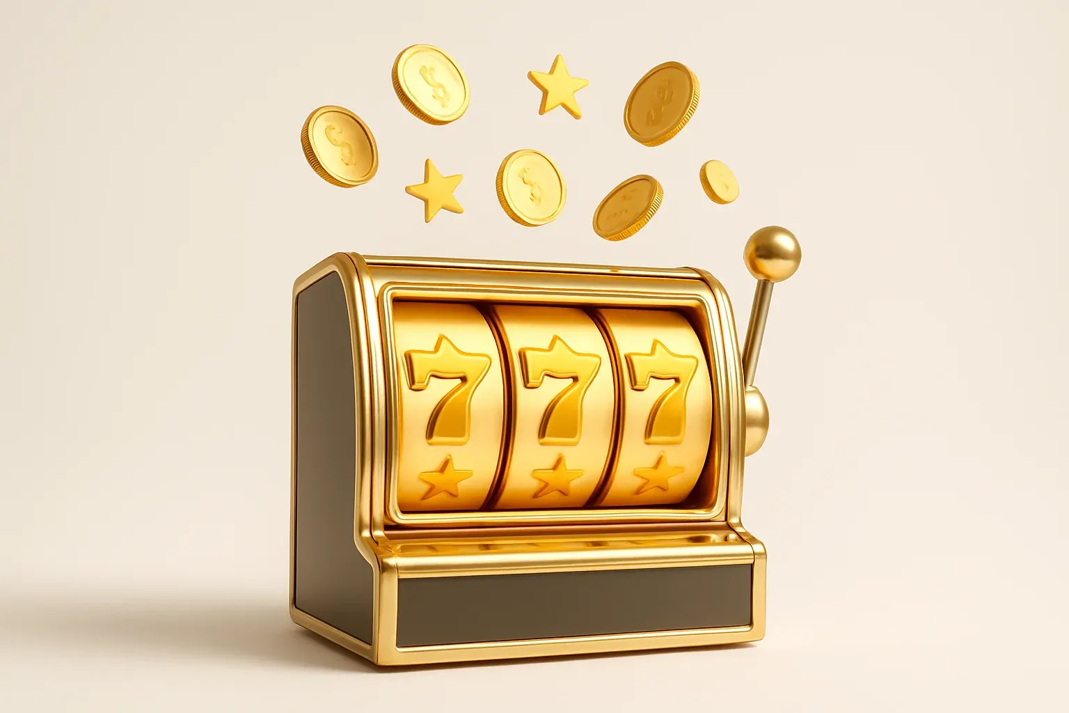 Slot machine jackpot with floating coins and stars on white background